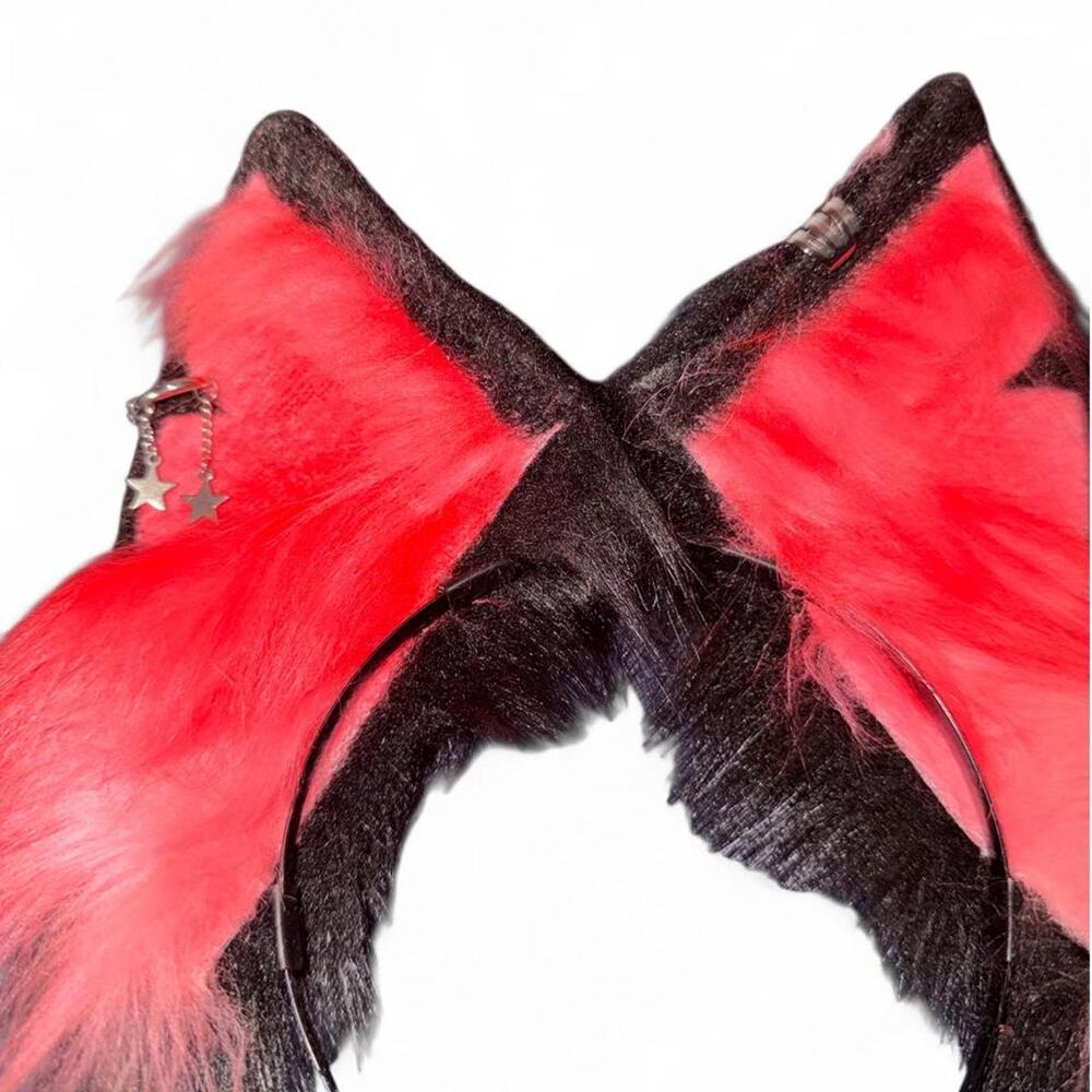 Fire! Black Red Orange Silver Stars Pierced Faux Fur Furry Cat Ears Headband - Picture 3 of 4